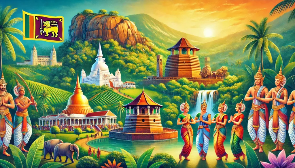 Top 10 Unmissable Cultural Experiences in Sri Lanka 3 DALL·E 2025 01 09 15.03.44 A vibrant depiction of Sri Lankas top cultural experiences featuring iconic landmarks like the Sigiriya Rock Fortress the Temple of the Tooth Relic